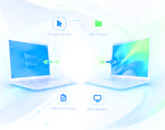 Two laptops connected through ScreenSharePRO, with screen control, file transfer, clipboard sync and multi monitor