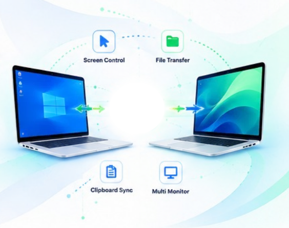 Two laptops connected through ScreenSharePRO, with screen control, file transfer, clipboard sync and multi monitor